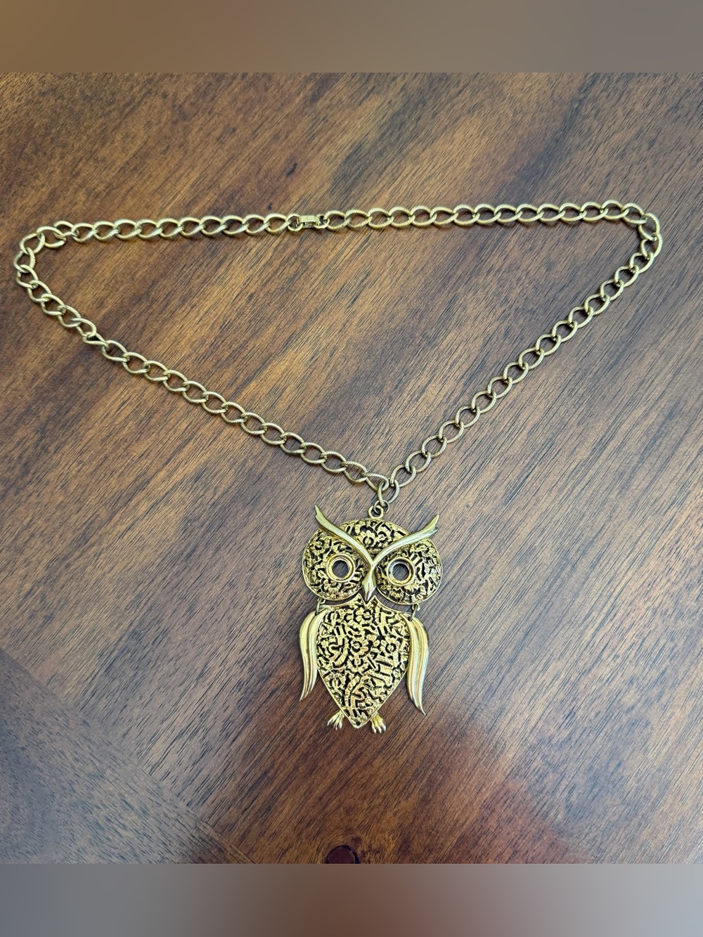 Vintage ART Owl Necklace 30” Gold Tone Articulated Pendant 1970s Statement - Picture 6 of 8